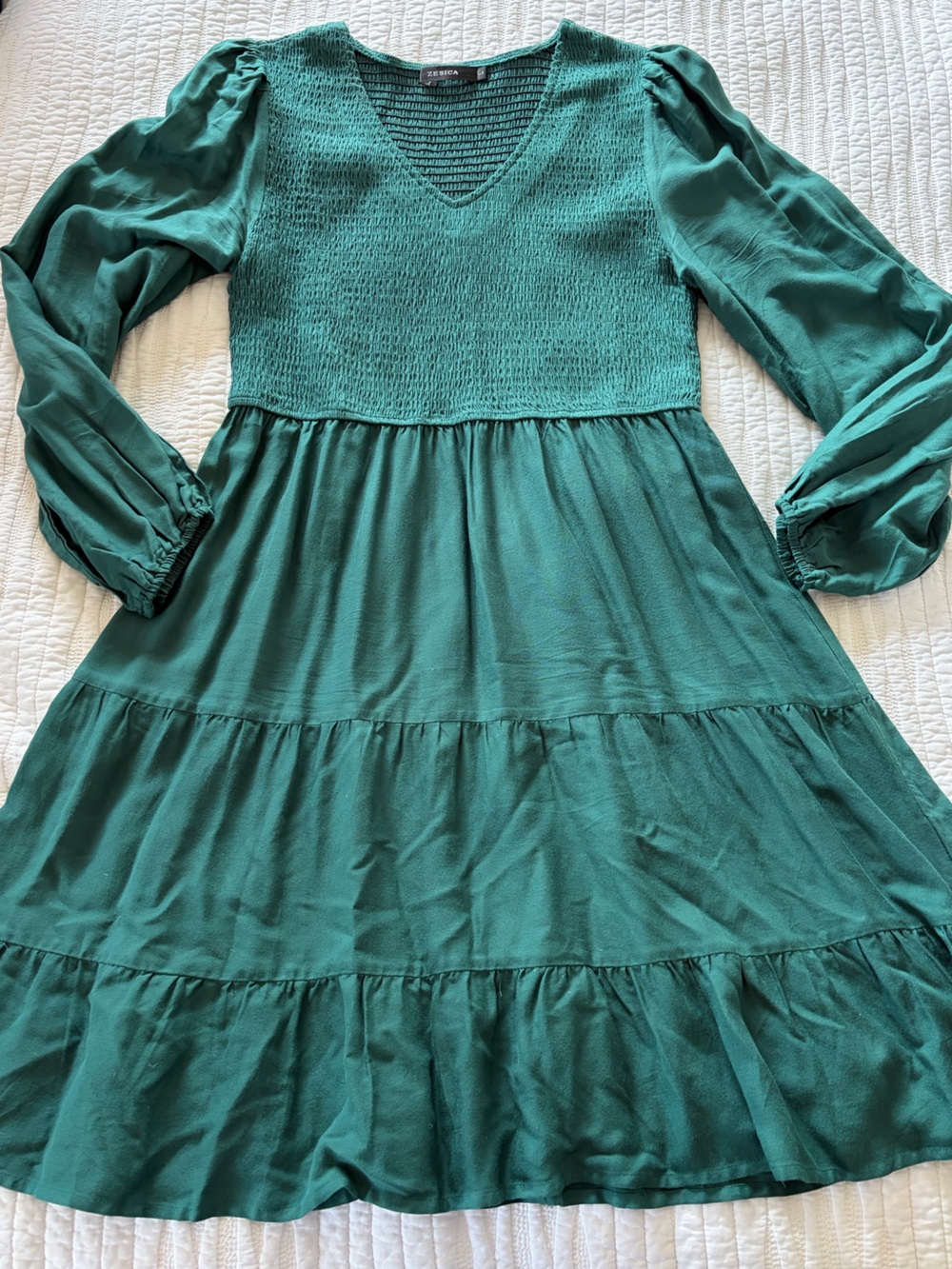 Smocked Bodice Long Sleeve Teal Dress